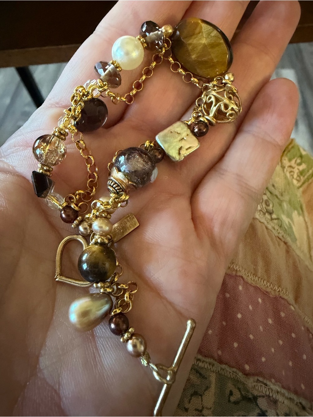 Jennifer Molloy Artisan Gemstone Bracelet Tiger Eye Pearl Boho Luxe Jewelry Gift